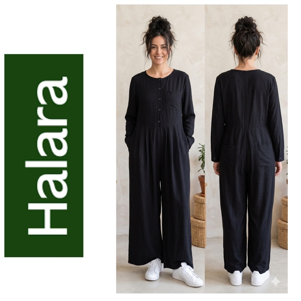HALARA Black Unisex Waffle Knit L/S Casual Wide Leg Women’s Jumpsuit